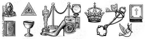 Mystical set including all seeing eye, crown,, statuette, high heel, camera occult symbols, esoteric, arcane motifs, symbolic art.