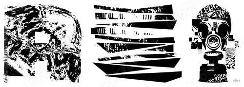 Distressed gas mask illustration with fragmented geometric forms, halftone texture overlay, punk industrial aesthetic, urban decay motif, dystopian graphic design.