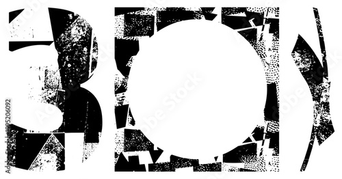 Rugged typographic design featuring fragmented letterforms, distressed halftone, abstract geometric deconstruction. Bold experimental type art.