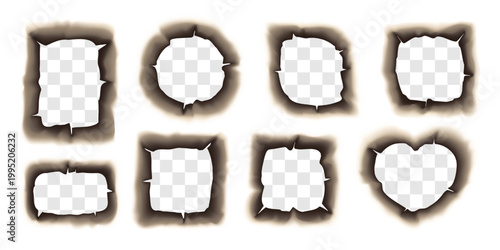 Burning hole in paper, fired edge of round, square and heart shape. Hot flame uneven faded ash frame, tear corners and fiery texture effect. Broken torn parchment sheet for collage, scrapbooking frame