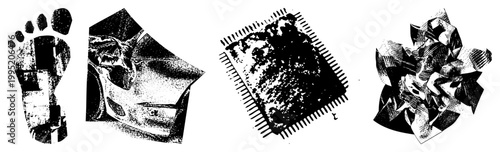 Black and white halftone graphic set featuring human footprint, automotive profile, integrated circuit, and crumpled paper motif also called stipple art or dot matrix design.