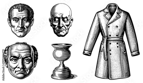 Black and white engraved character portraits with aged expressions, ornate, classic trench coat also called etched vignettes, woodcut style illustrations, retro graphic elements.