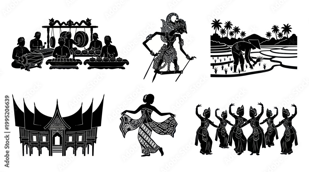 Obraz premium Indonesian Culture Icons: Gamelan, Wayang, Rice Fields, Dance, Architecture