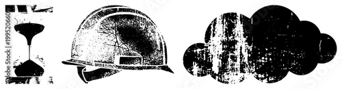 Industrial safety hardhat in weathered design, work helmet graphic, rugged headgear symbol, construction PPE, worn protective gear.