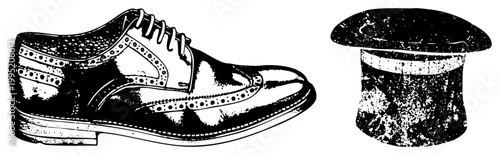 Classic men’s wingtip shoe paired with a formal top hat, both rendered in stippled halftone vector art ideal for retro fashion graphics or gentlemanly.