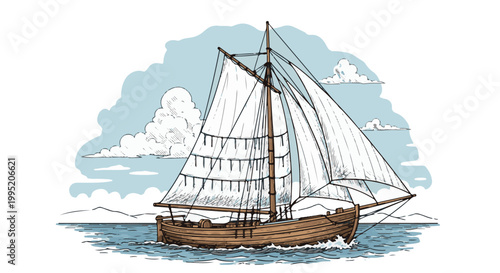 Sailing boat on the ocean with white clouds in the background