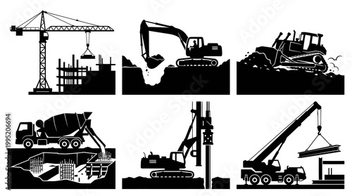 Black  White Construction Site Heavy Equipment and Building Machinery Silhouette Icons