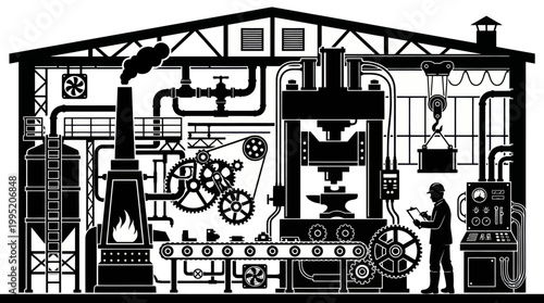 Industrial Factory Manufacturing Process Interior Black and White Silhouette Vector Design