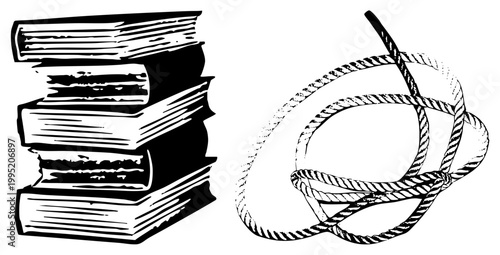 Book pile and tangled rope graphic, art, educational, academic symbolism, rope knot diagram, literary motif.