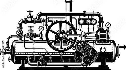 Industrial Vintage Steam Engine Machine Black and White Engraved Style Vector Illustration