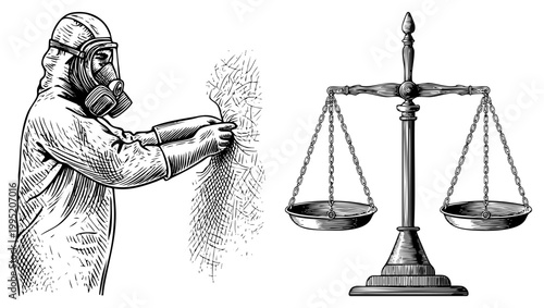 Toxic material handler in protective gear inspecting surface beside justice scale, hazmat inspector, chemical safety officer, forensic analyst, compliance.