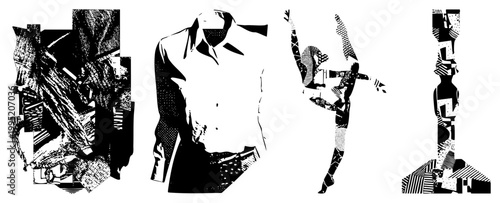 Stylized artwork composed of deconstructed figures and shapes, halftone texture, graphic collage, avant garde illustration, pop art influence, digital cutout.