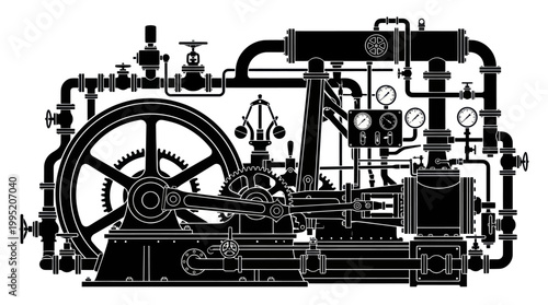 Black and White Line Art of a Vintage Steam Engine Machine