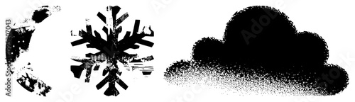 Vintage halftone weather symbols including lunar, snowflake, and cumulus cloud ideal for print, retro design, or meteorological graphics.