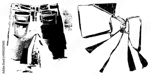 Rugged denim pants and formal bowtie rendered in gritty, featuring grainy halftone effect casual wear meets formal accessory, streetwear fashion graphic.