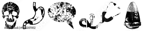 Abstract anatomical glyphs (skull, stomach, speech bubble, stethoscope, pill) in distressed halftone. Alt names medical, body part symbols, gritty vector graphics.