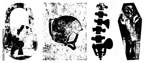 Distressed black and white vector symbols including lock, military helmet silhouette, vertebral column diagram, and coffin graphic also called weathered glyphs or corroded pictograms.