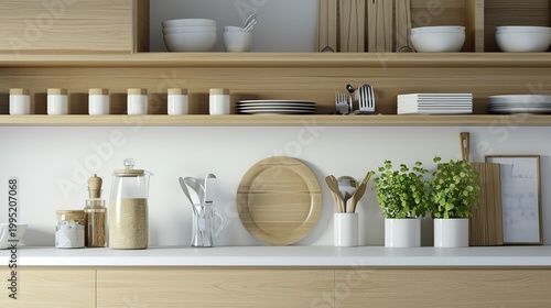 An arrangement of everyday kitchen items on light wooden shelves with plants and utensils