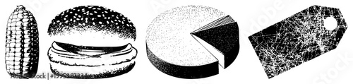 Stippled graphic set featuring maize cob, hamburger, statistical chart, and retail label also known as dotwork food symbols or halftone pictograms for menus or infographics.