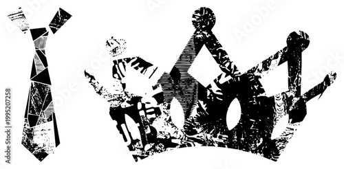 Distressed crown and formal necktie rendered in vector art, ideal for badges or logos also called regal insignia or aristocratic tie graphic.