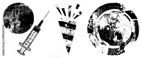 Distressed medical and global symbols rendered in syringe, detonation graphic, world map emblem ideal for edgy campaigns or punk themed visuals. Cutout, rgba.