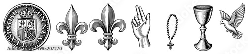 Sacred set including ecclesiastical emblems, holy symbols, spiritual motifs, monastic insignia, devotional, religious,.