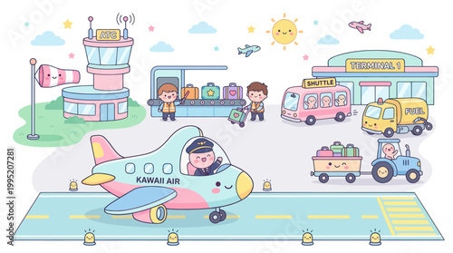 Kawaii Cartoon Airport Scene with Airplanes, ATC Tower, Ground Support  Travel Elements