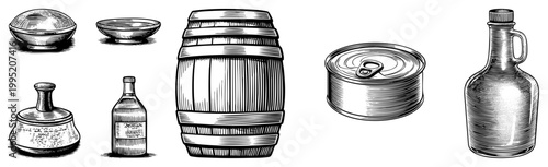 Retro etched vessels for preserving goods, vintage storage jars, antique pantry containers, hand drawn kitchenware, engraved food canisters, rustic utilitarian crockery.