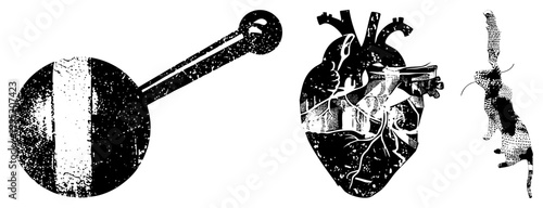 Distressed graphic set featuring stringed instrument, cardiovascular organ with firearm, hopping lagomorph also called ink splatter or punk aesthetic symbols.