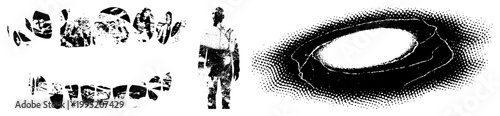 Stylized silhouette using halftone dots, rasterized human form with fragmented circular elements, dot matrix aesthetic, graphic design cutout.