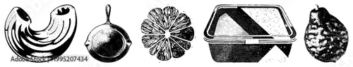 Black and white halftone graphic depicting a curved banana, cast iron skillet, sliced citrus fruit, plastic container, and textured pear also called stippled art or dot matrix illustration.