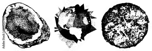 Asteroid fragments and planetary body rendered in stippled dot, cosmic debris graphics, space rock visuals, celestial object art, halftone print style.