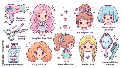 Cute Chibi Hairstyles and Hairdressing Tools Cartoon Vector Set for Beauty Salon and Personal Care