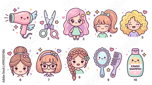 Kawaii Cute Hair Salon Icons: Dryer, Scissors, Girls, Mirror, Comb, Shampoo