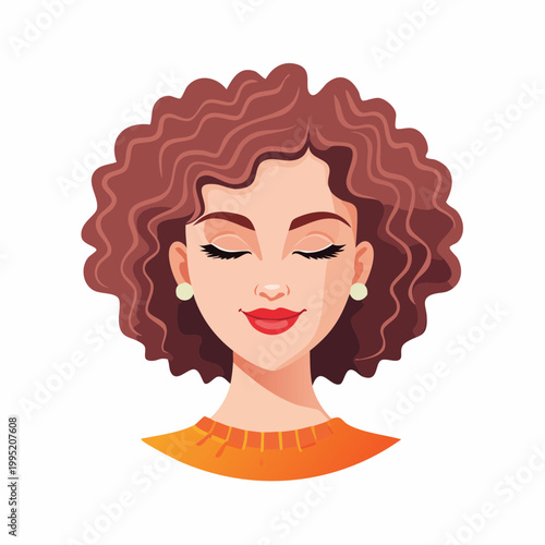 Woman with Curly Hair and Closed Eyes Smiling