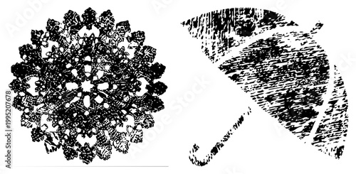 Stylized snowflake and umbrella rendered in halftone vector art, graphic elements for winter or rainy weather themes, ideal for print or digital design.