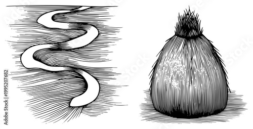 Hand drawn engraved style river meander and rural haystack, ink illustration using, vintage woodcut aesthetic, rustic agricultural scene.