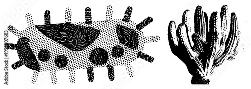 Microbial pathogen and succulent botanical graphic rendered in dot matrix style, halftone cell structure, stipple art form, design.