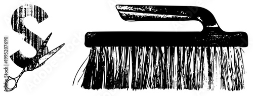 Stylized graphic depicting shears slicing a currency symbol alongside a brush, evoking financial editing or fiscal cleanup also termed money trimmer or budget brush.