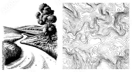 Rural scene etching featuring a curving trail through fields, contour map texture, hand drawn terrain illustration, vintage print style, black ink.