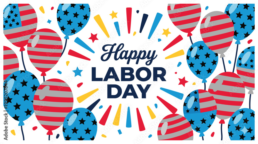 Fototapeta premium Happy labor day graphic design with festive patriotic balloons and confetti decor.