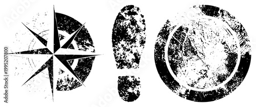 Weathered navigation symbol and step mark, vintage directional emblem, worn trail marker, retro graphic, textured wayfinding.