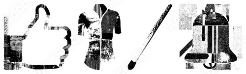 Retro styled vector symbols featuring thumbs up, jersey, hockey stick, bell gritty halftone graphics for edgy design, vintage, distressed visual assets.