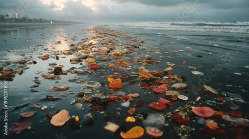Colorful Sea Glass Pebbles on Wet Beach at Sunrise