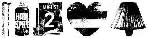 Distressed vector illustrations featuring tools and household items, stylized silhouettes with texture, graphics, urban collage elements.