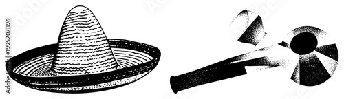 wide brimmed sombrero paired with maraca shaker, festive Mexican hat and percussion instrument, cultural celebration gear, folkloric ensemble.