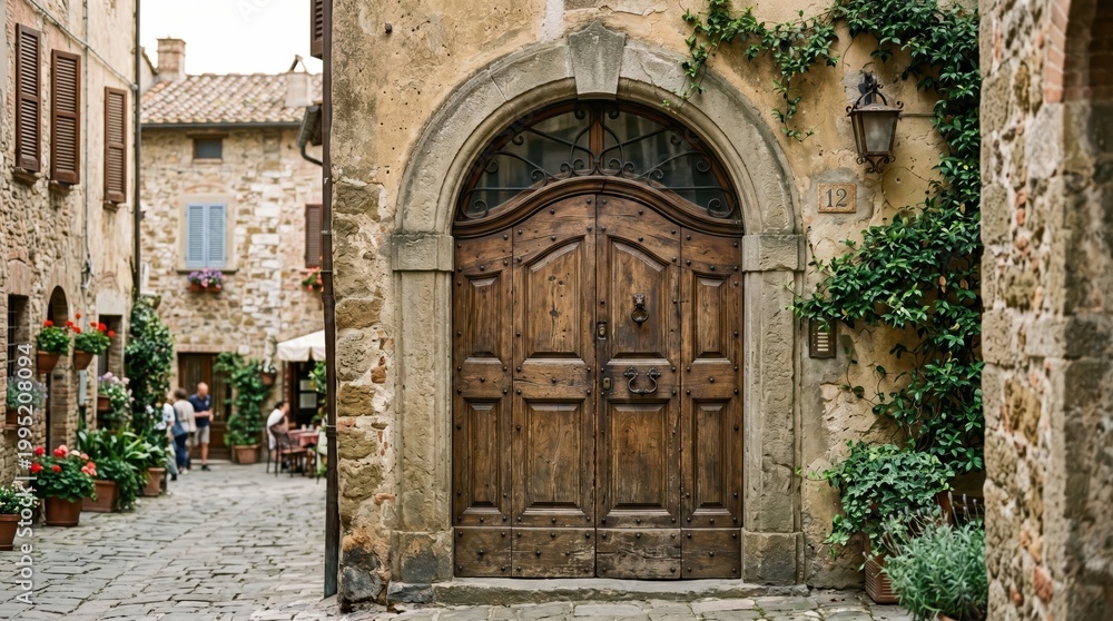 Fototapeta premium Arched wooden doorway on rustic cobblestone village lane