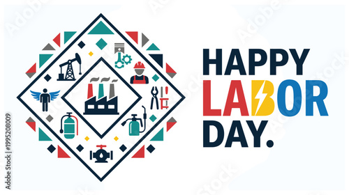 Obraz na płótnie Modern happy labor day flat design graphic with industrial icons and bold lettering