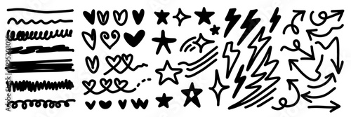 Cute hand drawn doodle sketch with lightning, hearts, stars, arrows and underlines.