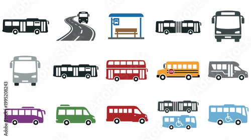 Bus transportation icon set including public transit and school vehicle collection.